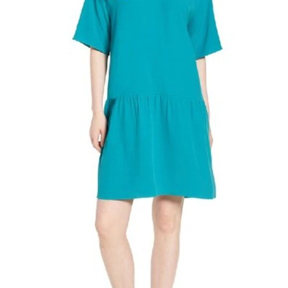 NWT $268 Eileen Fisher Turquoise Dress with Dropped Waist - XS - Picture 1 of 5